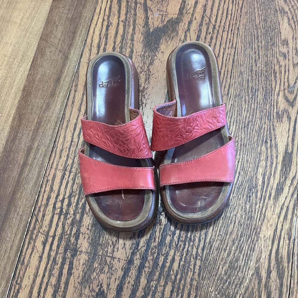 Dansko Coral Red Leather Double-Strap Slide Sandals